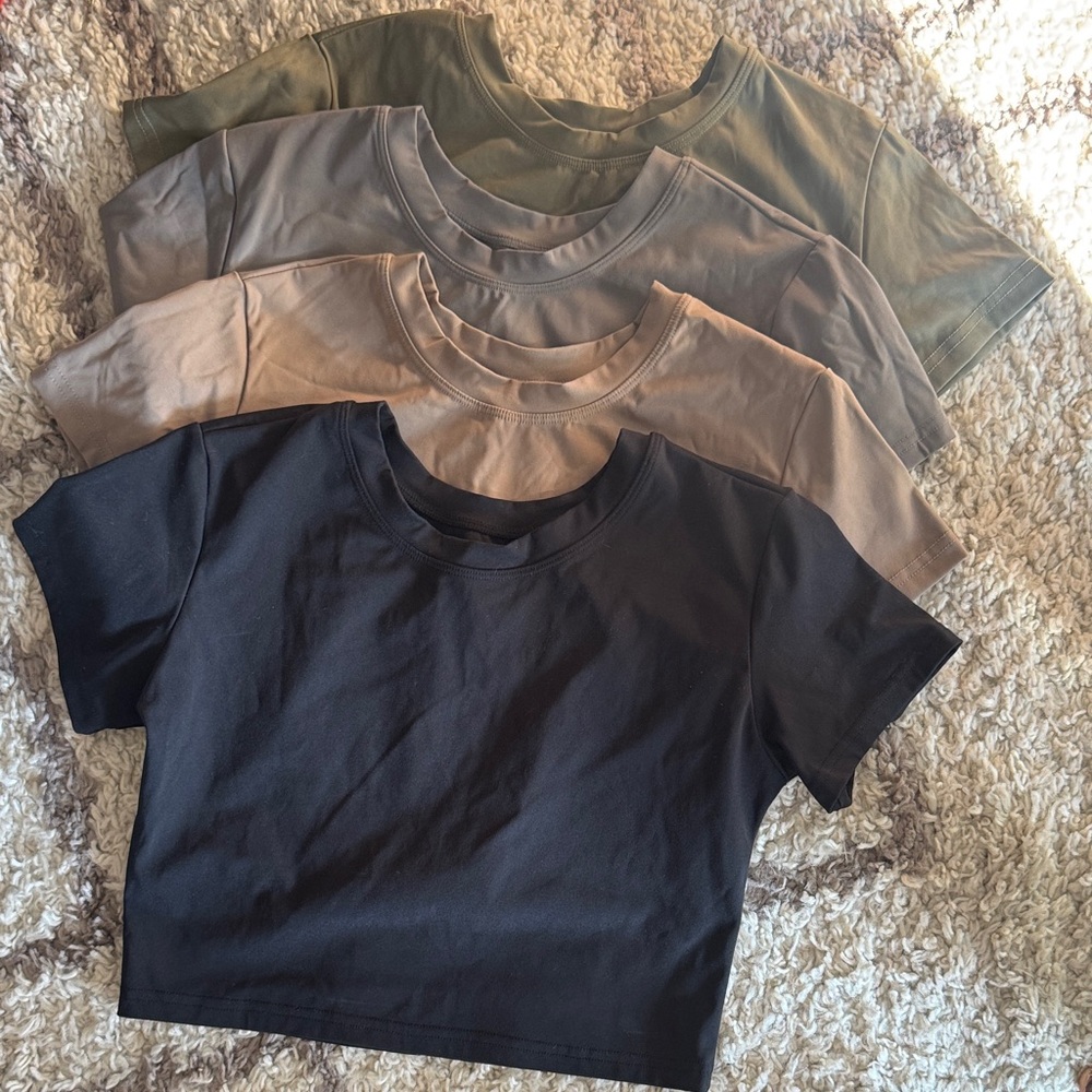 NWOT LYCIT Classic Women's Athletic Crop Top Set - Black, Gray, Tan, Olive
